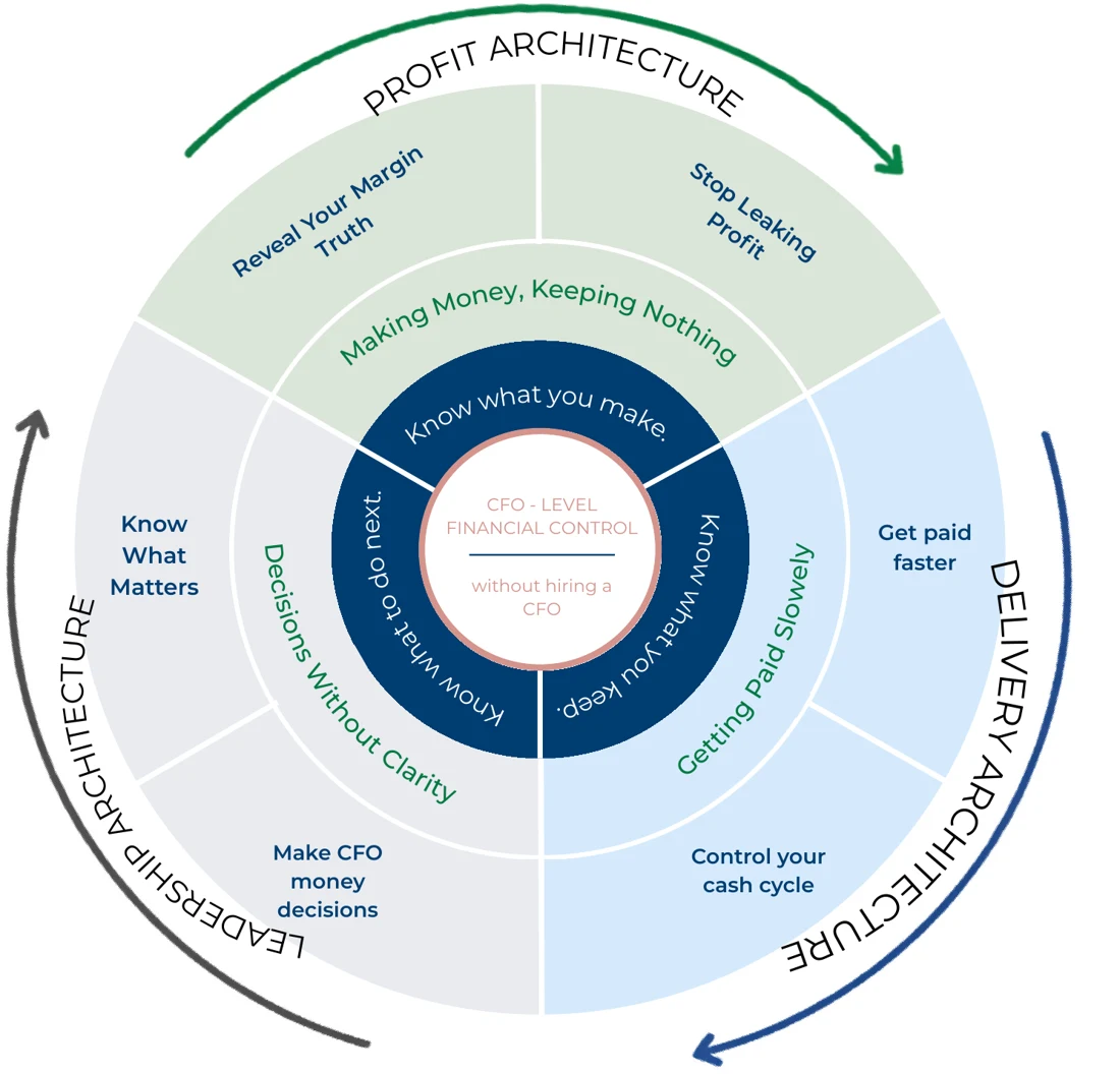 The program framework: Profit, Delivery and Leadership Architecture across six weekly sessions, around the promise of CFO-level financial control without hiring a CFO